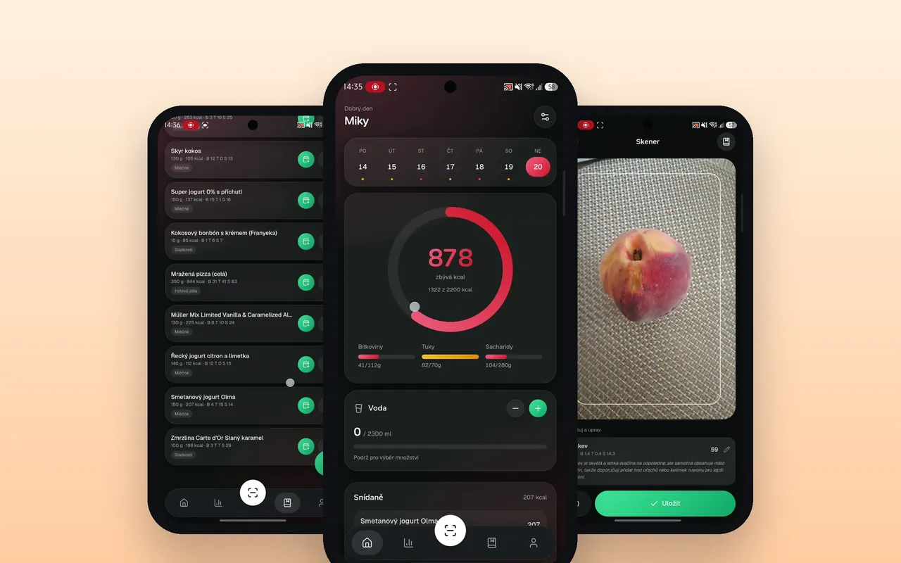 Tři obrazovky aplikace FoodPhore v telefonu — knihovna potravin, přehled dne a skener jídla.