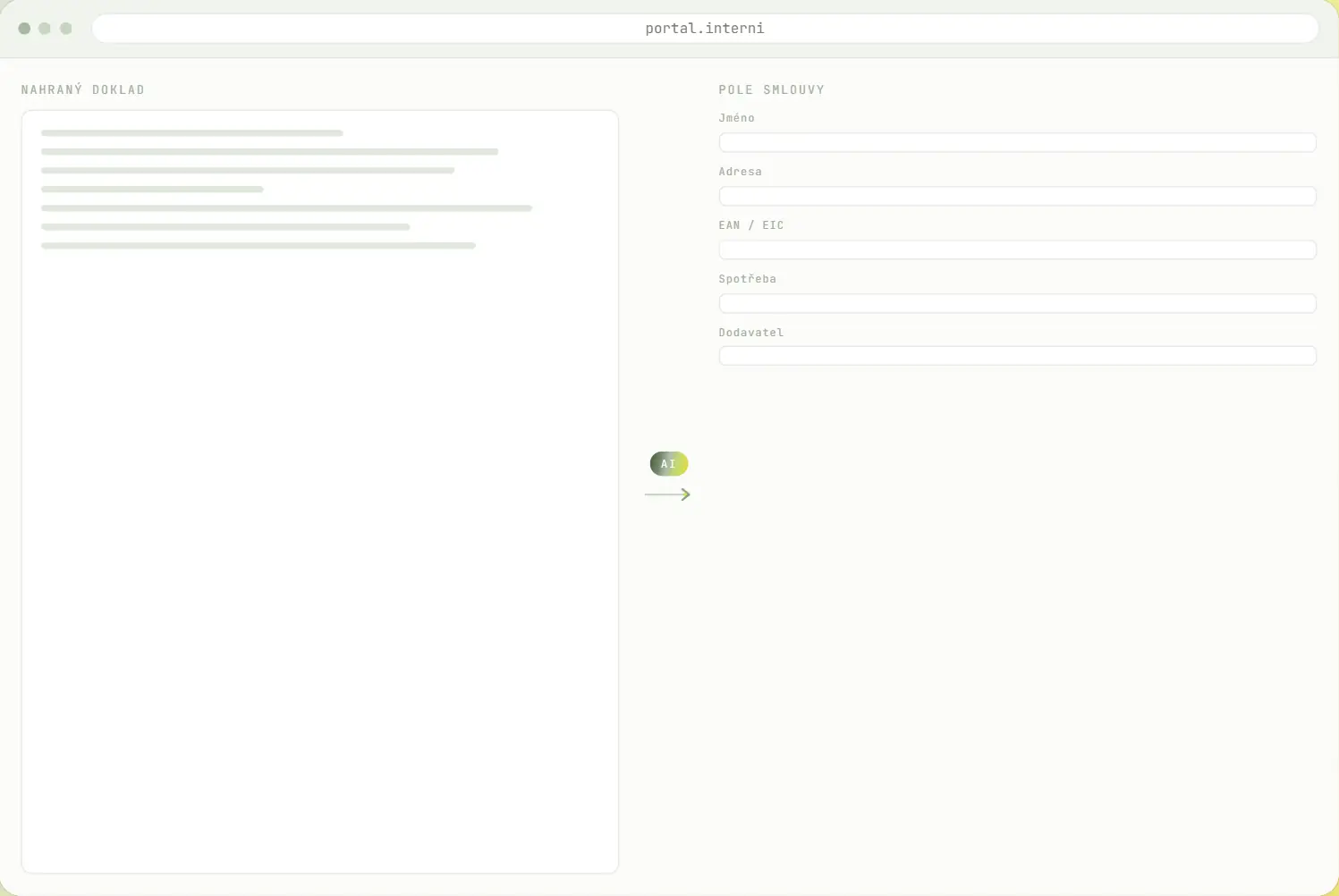 Animated mock-up — a model reads an uploaded document and fills in the contract fields.
